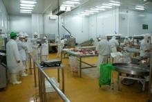 Empresa procesadora de carne en funcionamiento con operarios